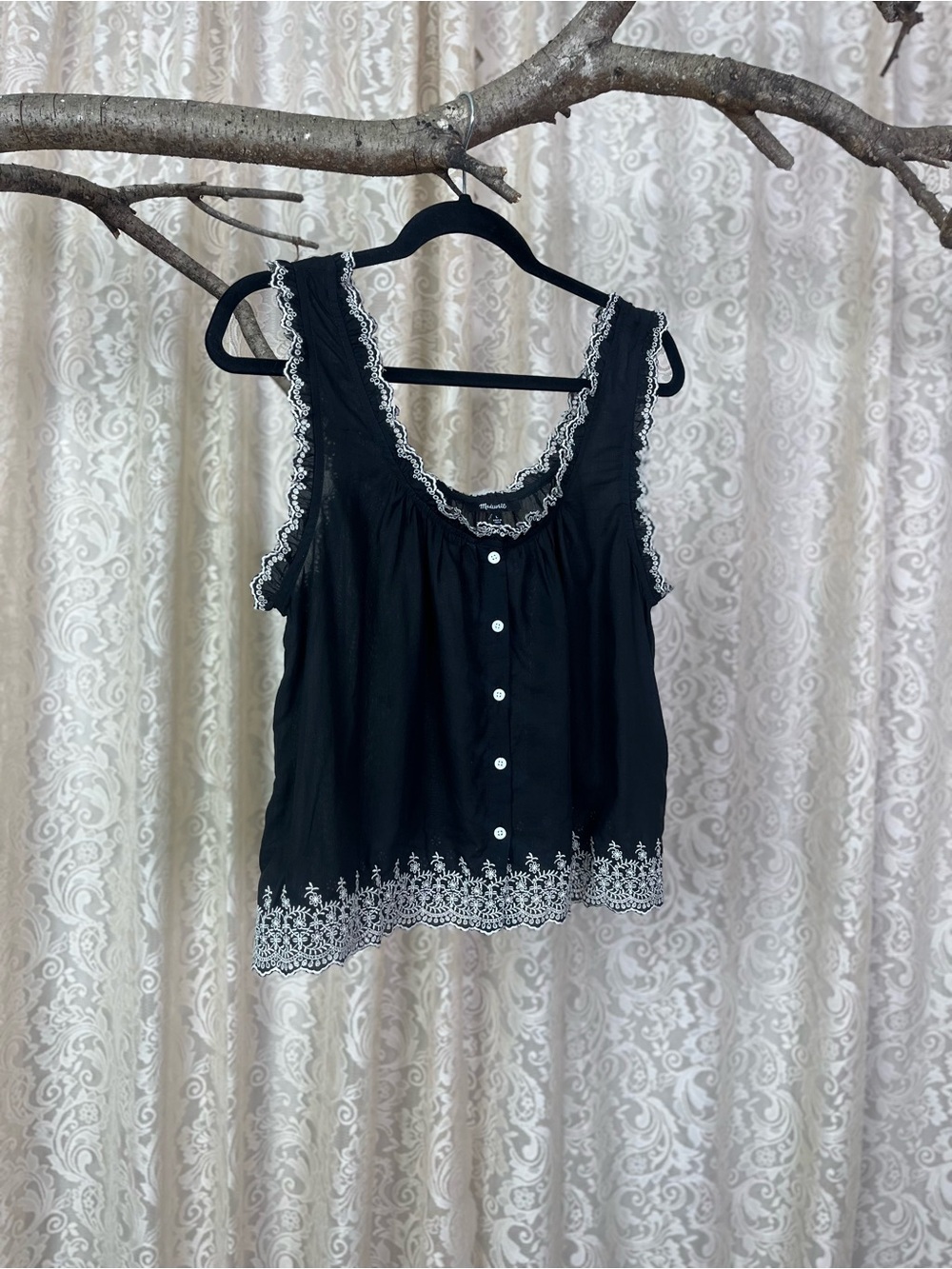 Madewell Lace-Trim Button Front Tank Top Slightly See Though Large Black